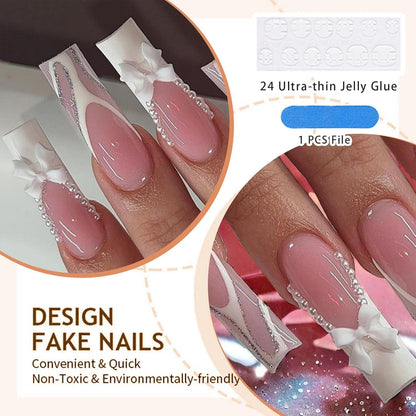 24 Stk. French Tip Press-on Nägel mit Strasssteinen Glänzend Sarg Stil
