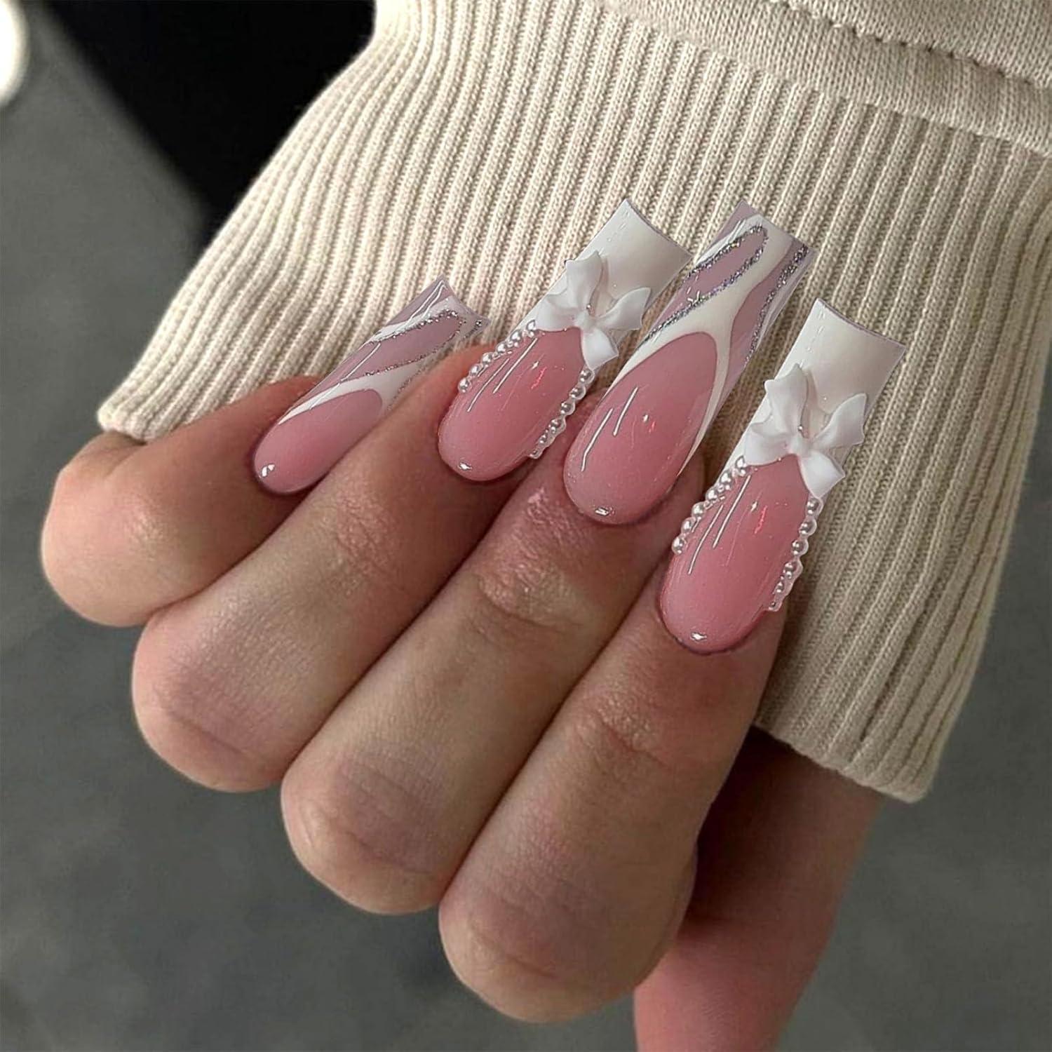 24Pcs French Tip Press on Nägel Glänzender Sarg Weiß mit Strasssteinen