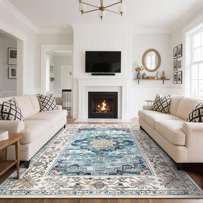 Boho Teppich 160x230cm Türkis Rutschfest Waschbar Kurzflor