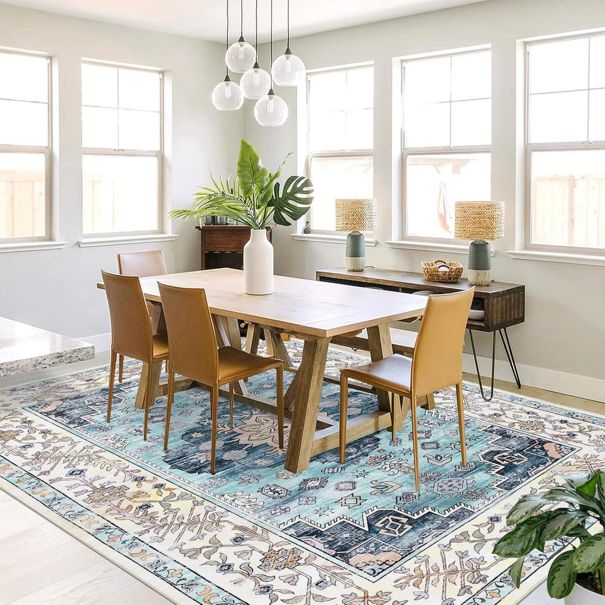 Boho Teppich 160x230cm Türkis Rutschfest Waschbar Kurzflor