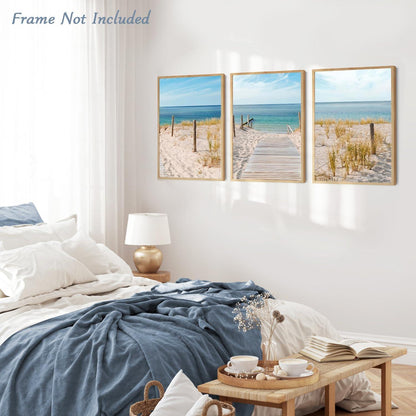3er Set Strand Leinwandbilder Blauer Himmel Meer Wandkunst, 30x40 cm Ungerahmt