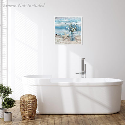 Badezimmer Wandbild Vintage Strand Blumen Ozean Kunst 35x35cm
