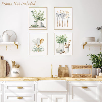 Botanische Küche Wandbilder Salbei Grün Eukalyptus Leinwand Poster 20x25 cm 4er-Set