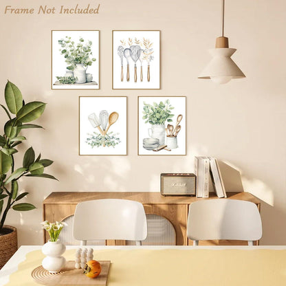 Botanische Küche Wandbilder Salbei Grün Eukalyptus Dekor 20x25cm 4er Set