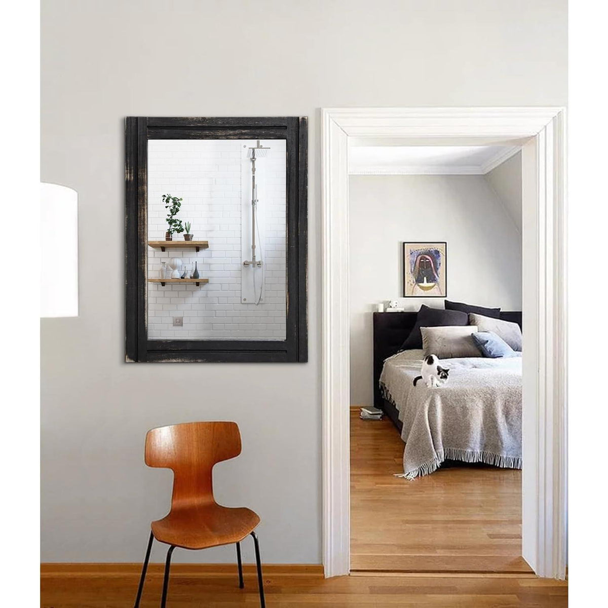 Großer rustikaler Holzspiegel 65x45 cm – Wanddeko für Schlafzimmer