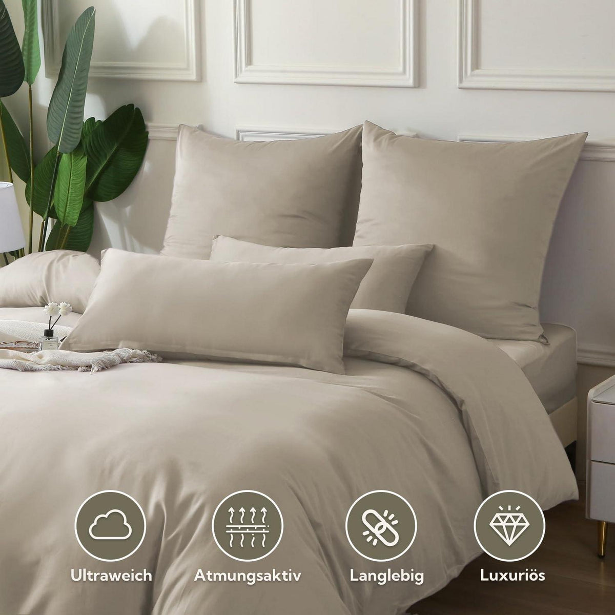 Satin Bettwäsche Set 135x200 Oatmeal 4tlg. Baumwolle