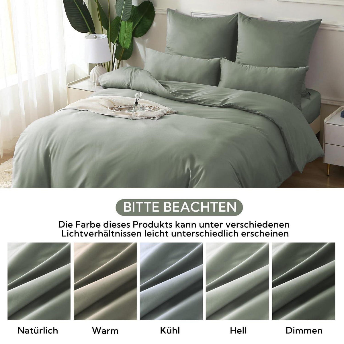 Satin Bettwäsche Set 220x240 GrauSage - 3tlg. Baumwolle Kühlend