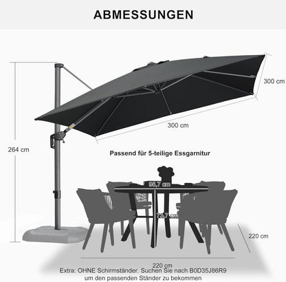 Sonnenschirm 300x300cm Aluminium Ampelschirm mit Kurbel Kreuzsockel