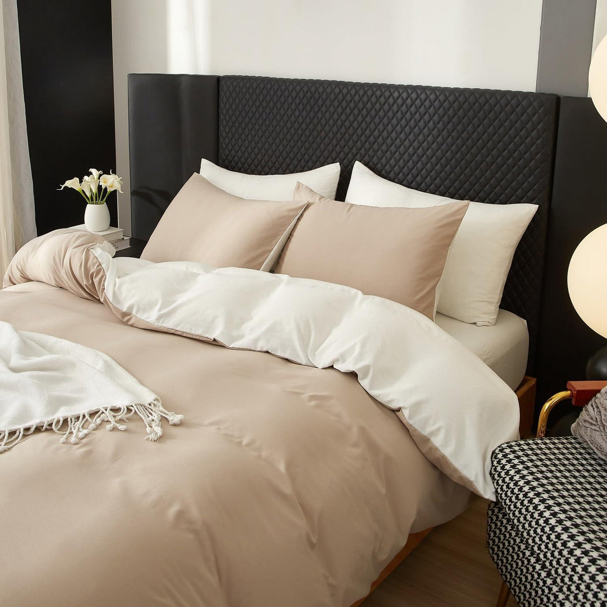 Wendebettwäsche 200x200 cm Baumwolle Beige-Weiß 3-teilig