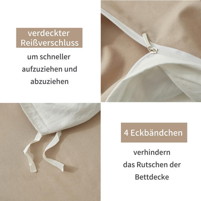 Wendebettwäsche 200x200 cm Baumwolle Beige-Weiß 3-teilig