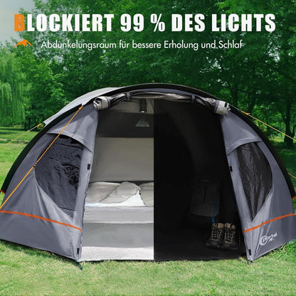 Kuppelzelt 3-4 Personen Blackout 4000mm wasserdicht mit Vorzelt Grau