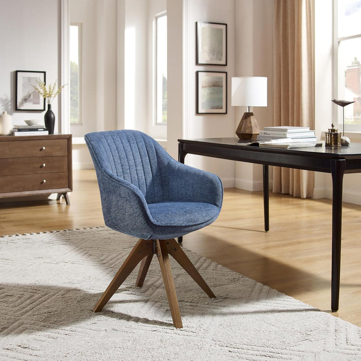 Drehstuhl Esszimmer Blau Leinen Polsterstuhl mit Armlehnen