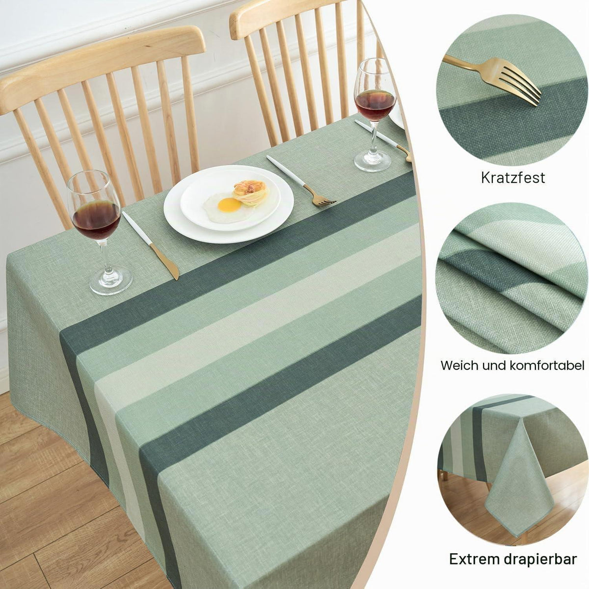 Grüne Leinen Tischdecke mit Streifen | 100x100 cm | Abwaschbar