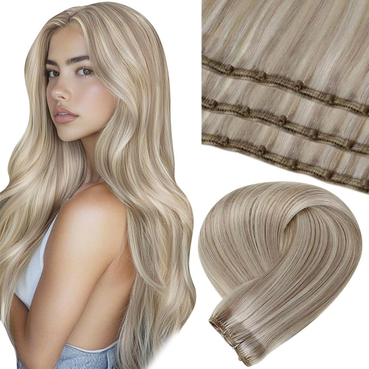 Blond Highlight Echthaar Tressen – Remy Weft #18/613, 50g
