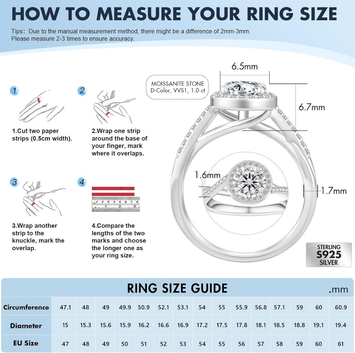 Moissanite Verlobungsring Damen 1-2 Karat VVS1 D 925 Silber Weißgold 57