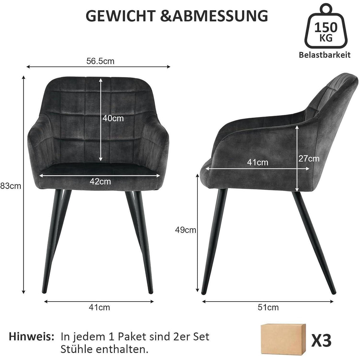 Samt Esszimmerstühle 6er Set, Kohlenstoffgrau