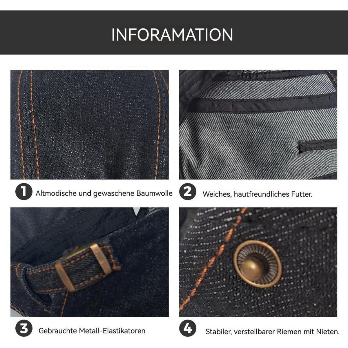 Jeans Schiebermütze Herren Damen - Verstellbare Flatcap Newsboy Cap