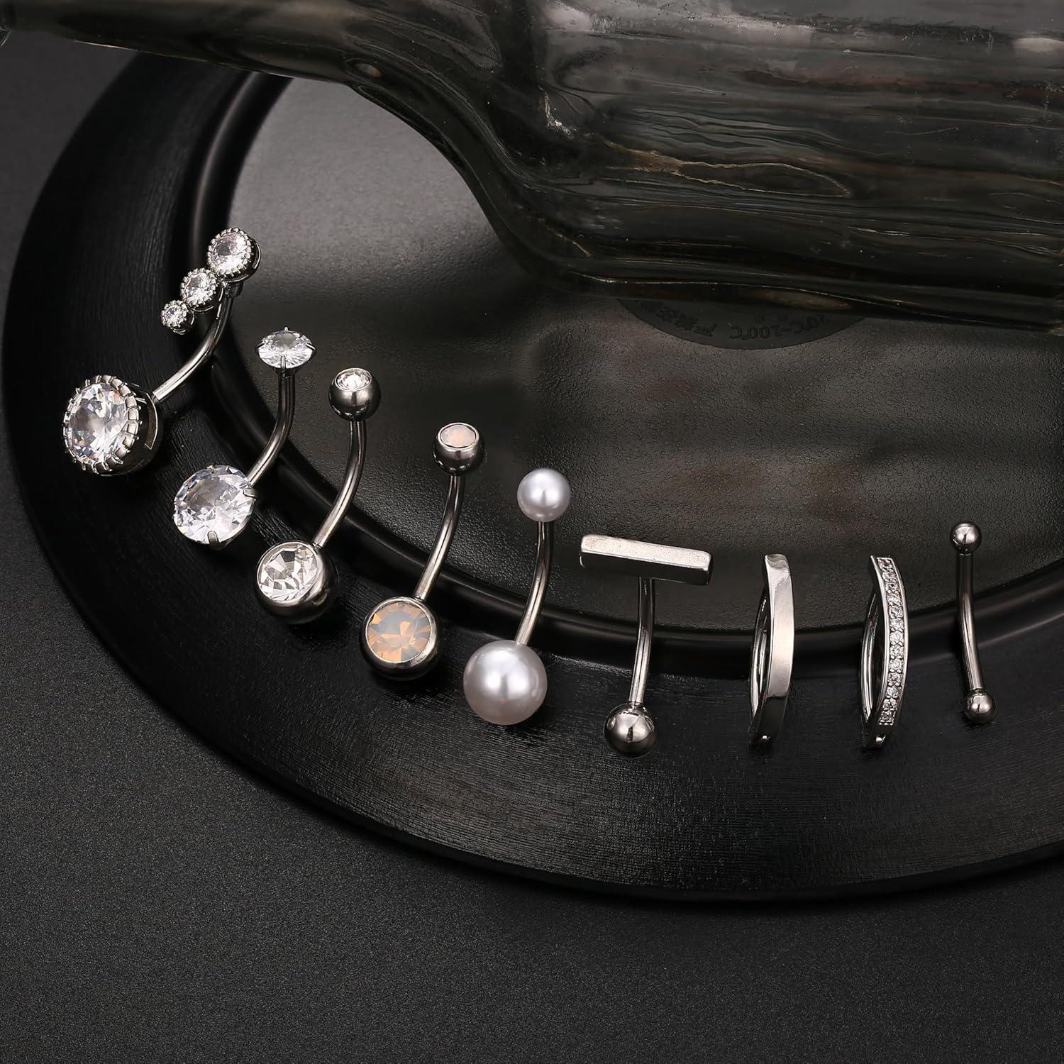 Bauchnabelpiercing Set Gold/Silber 316L-Edelstahl 14G Opal CZ Perle 10/12mm