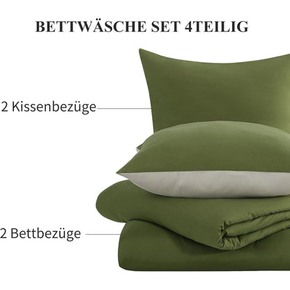 Bettwäsche-Set 135x200 4tlg. Olivgrün/Beige Wendebettwäsche Mikrofaser
