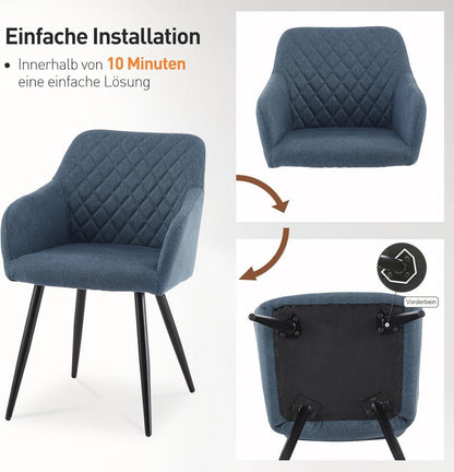 Esszimmerstühle Set 6er Leinen Bezug Armlehne Metallbeine Tiefseeblau