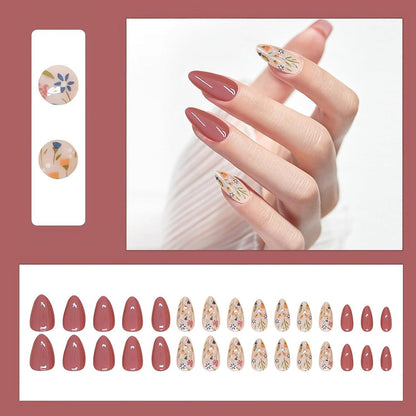 Nagelset: Press On Nails Almond Brown Flower Acryl Nägel 24 Stück