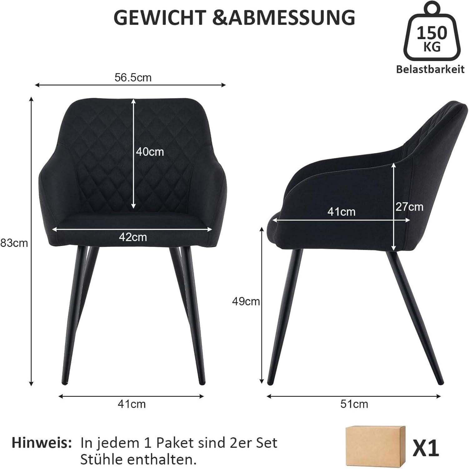 6er Set Esszimmerstühle Leinen Bezug Metallbeine Schwarz