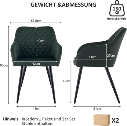 Esszimmerstühle Set Leinen Bezug Armlehne Metallbeine Waldgrün