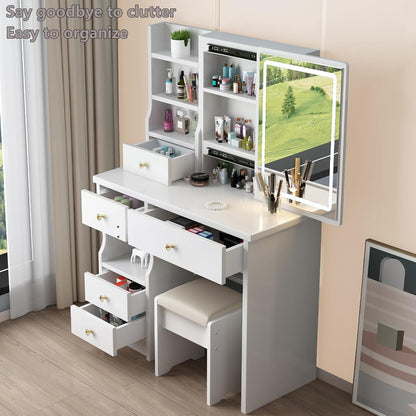 Zeaper Schminktisch mit Spiegel, LED Beleuchtung, Hocker