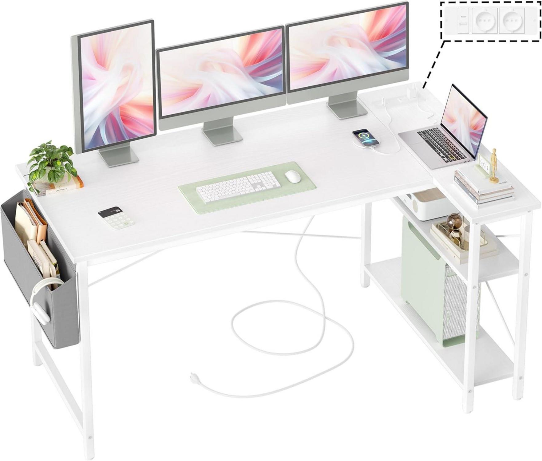 Gaming Schreibtisch L-Form mit Steckdosen und Seitentaschen