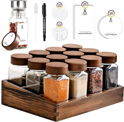 Akazienholz Gewürzregal Set mit 12 Gläsern und Etiketten