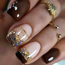 24 Stück French Tip Press On Kunstnägel Glänzend Nude Braun Gold