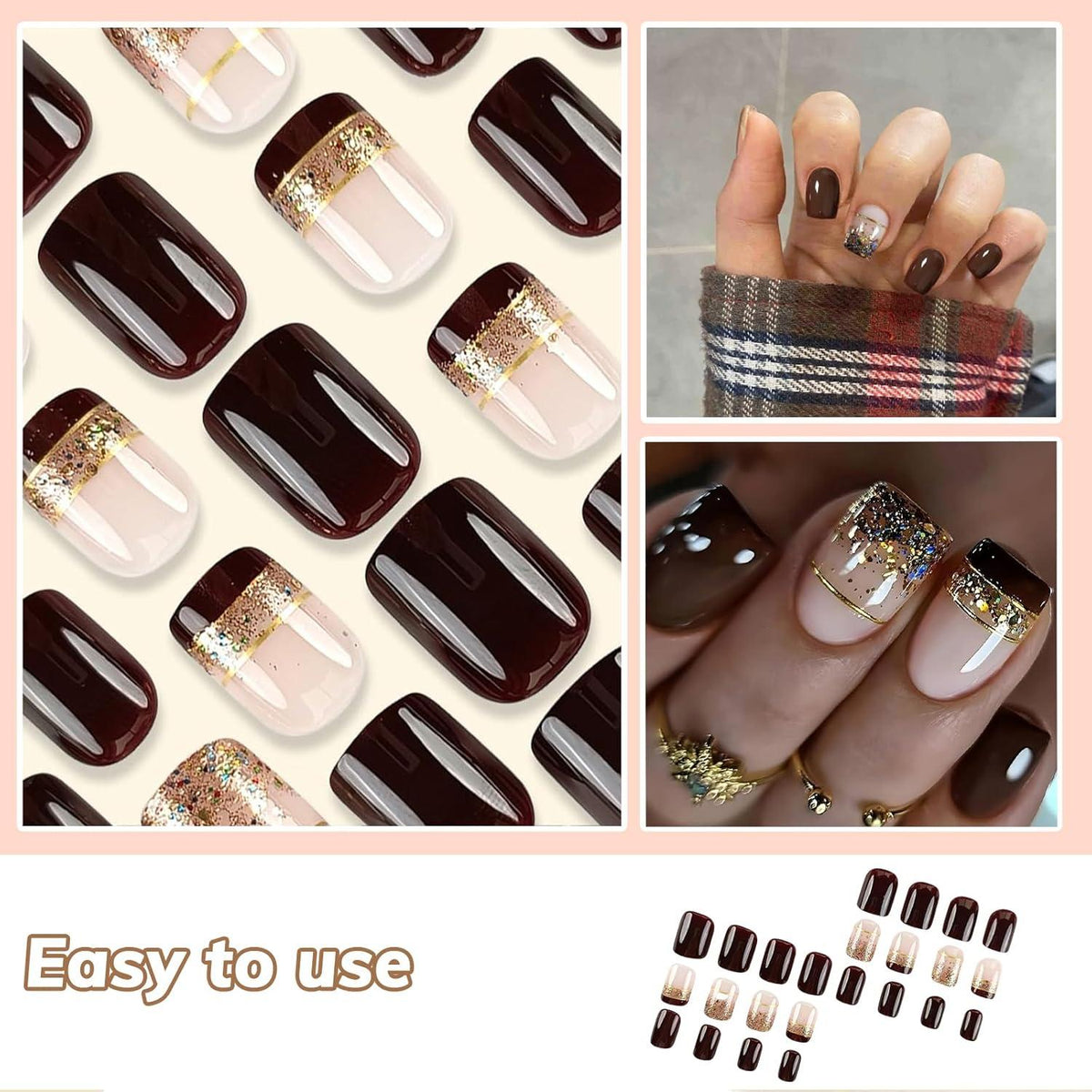 24er-Pack Kurze French Tip Kunstnägel Glänzend Nude Braun Gold