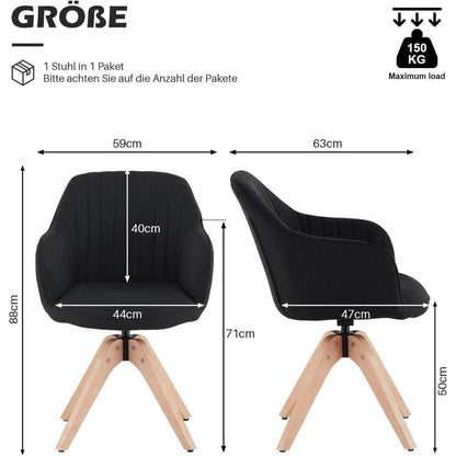 Drehbare Esszimmerstühle Set 4 – Leinen, Massivholz, Schwarz