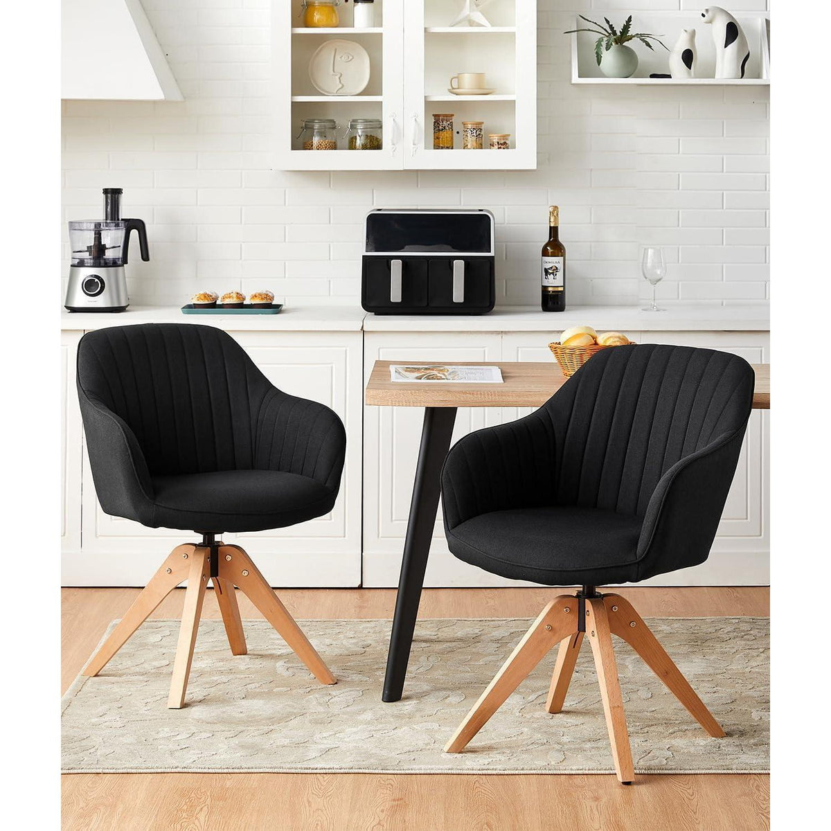 Drehbare Esszimmerstühle Set 4 – Leinen, Massivholz, Schwarz