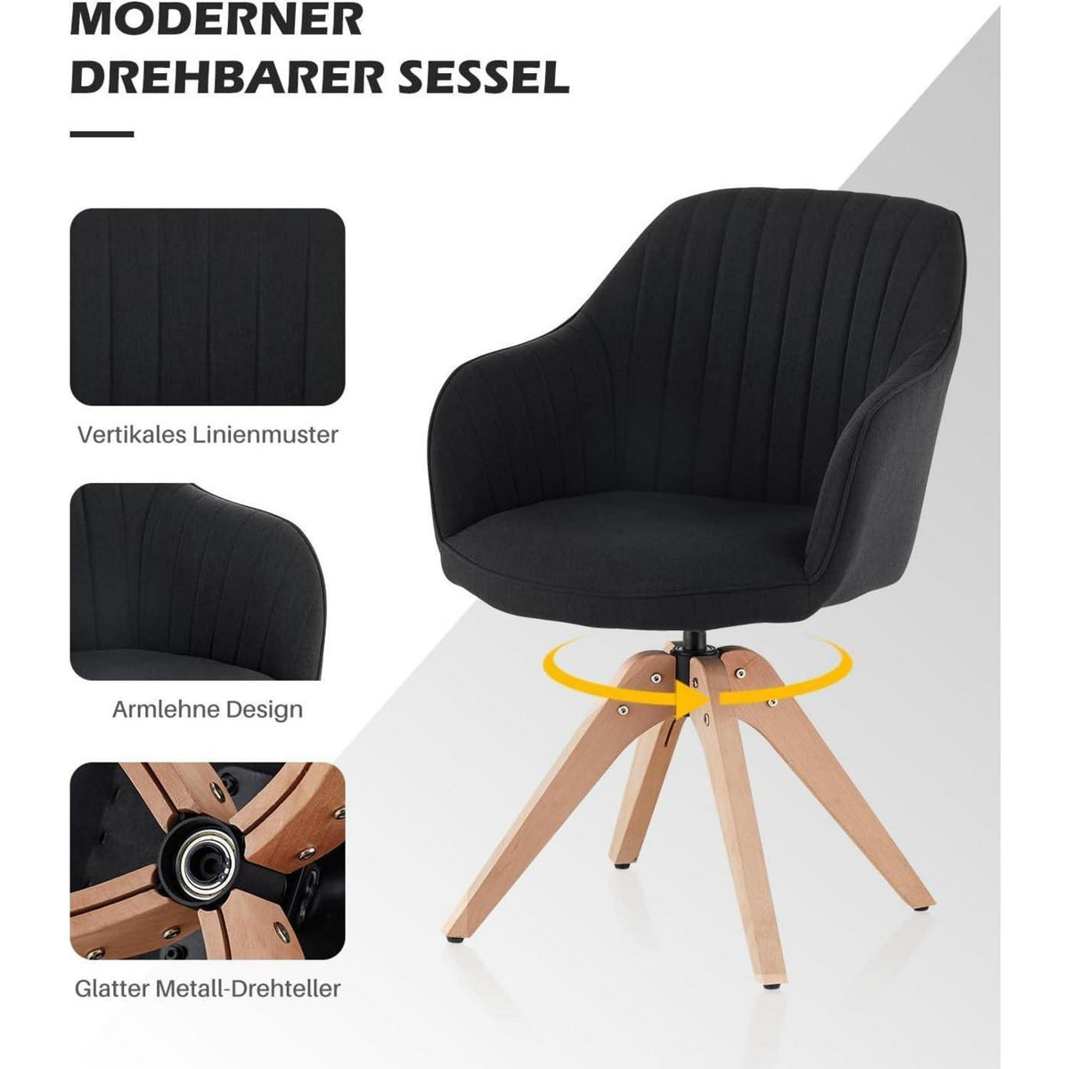Drehbare Esszimmerstühle Set 4 – Leinen, Massivholz, Schwarz