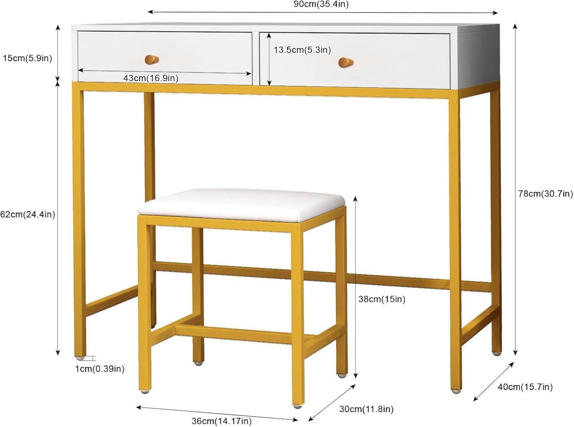 Weißer Schminktisch mit Hocker, 2 Schubladen, Metallbeine - 90x40x78cm