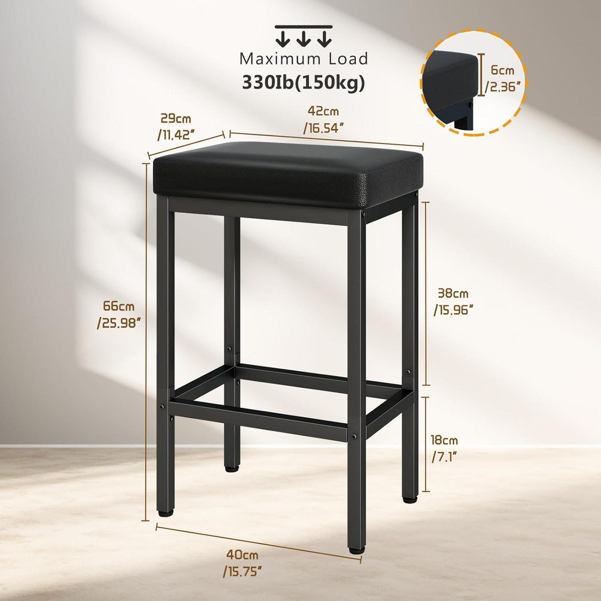 Barhocker 2er Set Schwarz – 66cm Küchentisch Hocker in Lederoptik
