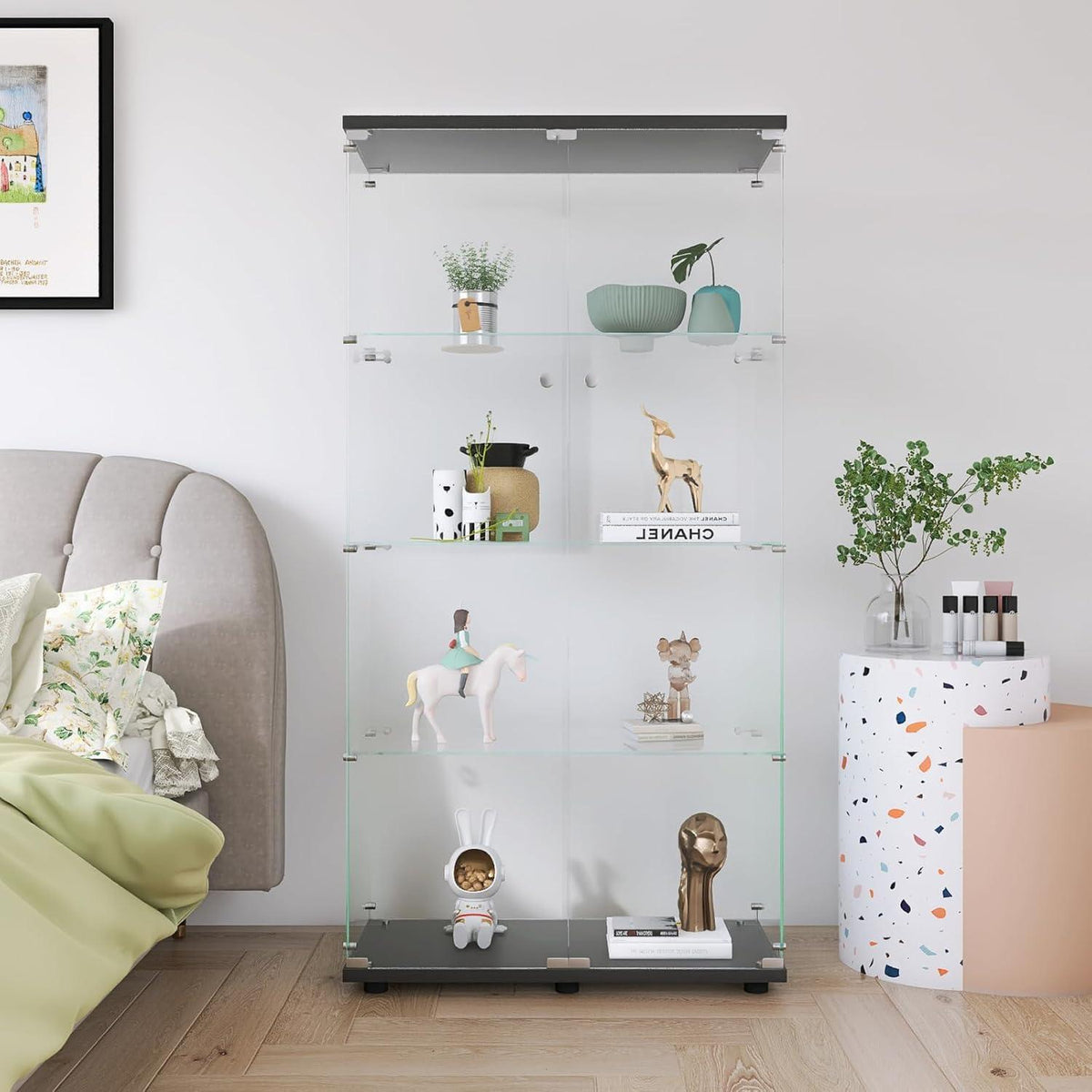 Glasvitrine Schwarz 4 Etagen | Moderne Regalkabine für Wohnzimmer