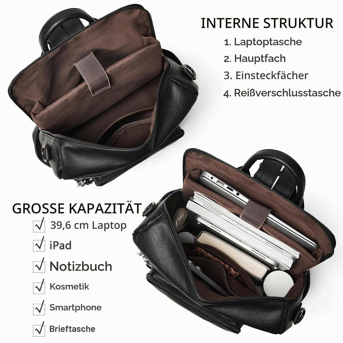 Rucksack Damen Laptopfach 15,6 Zoll Wasserdicht Business in Lederoptik