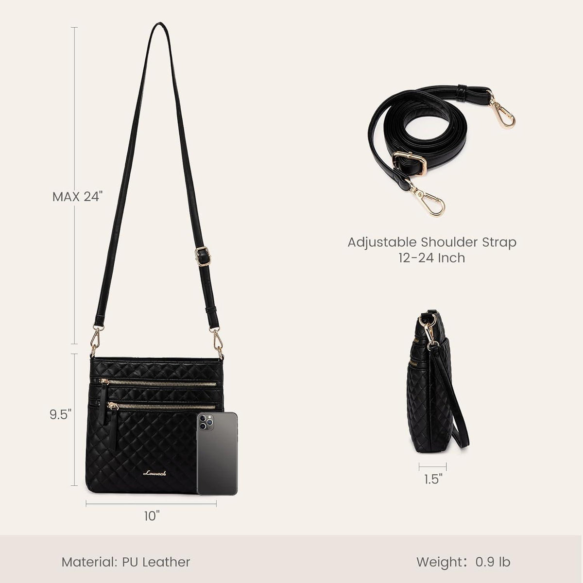 Damen Umhängetasche Crossbody PU Leder Schultertasche Mittelgroß Schwarz