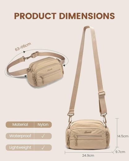Leichte Umhängetasche Damen mit vielen Fächern, Khaki