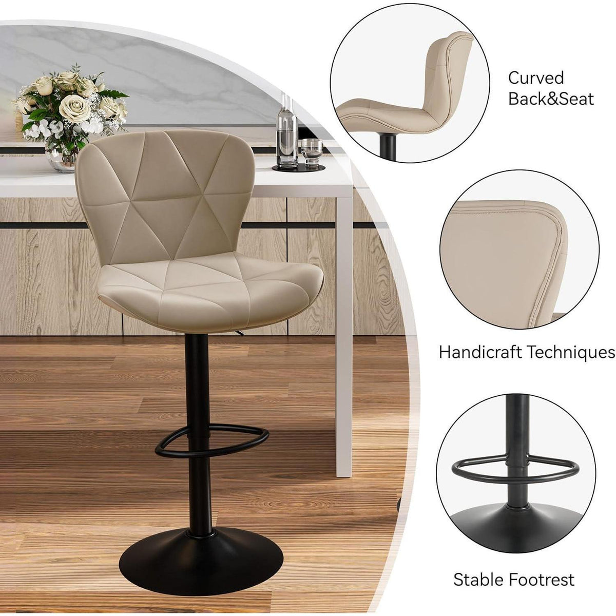 Barhocker 4er Set Khaki, höhenverstellbar mit Rückenlehne