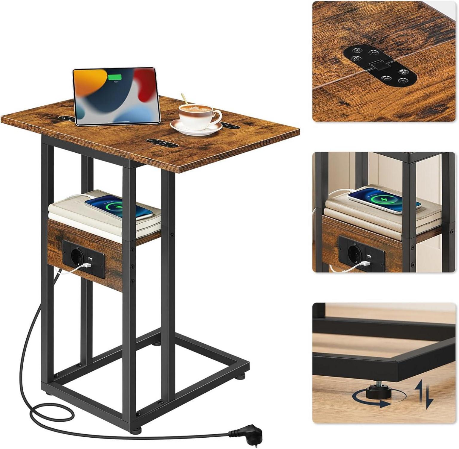 HOOBRO Klappbarer Beistelltisch mit Ladestation, C-förmig, Vintagebraun/Schwarz