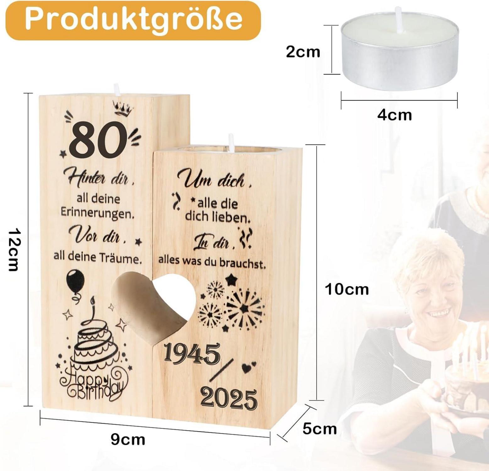 Kerzenständer Holz Herzform 80. Geburtstag Personalisiert 1945 - 2025