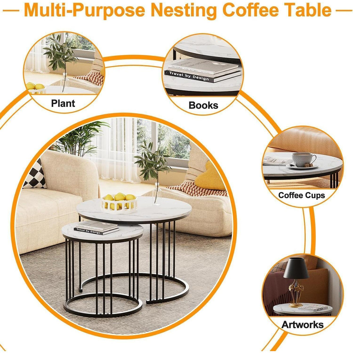 Runde Couchtische 2er-Set Metallrahmen Schwarz 60cm