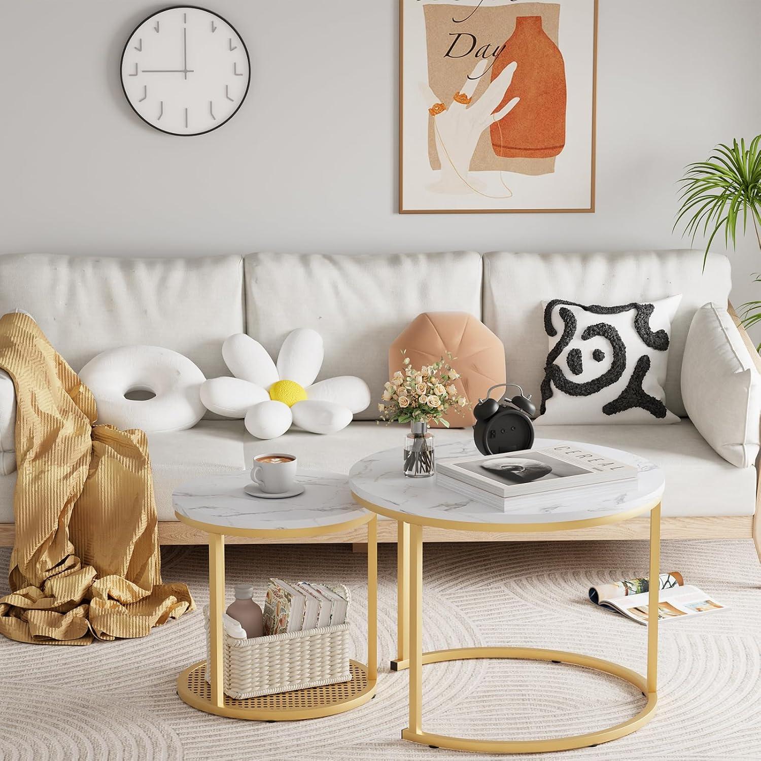 Runde Couchtische Set 2 Beistelltische Metallrahmen Marmoroptik 60 cm Gold