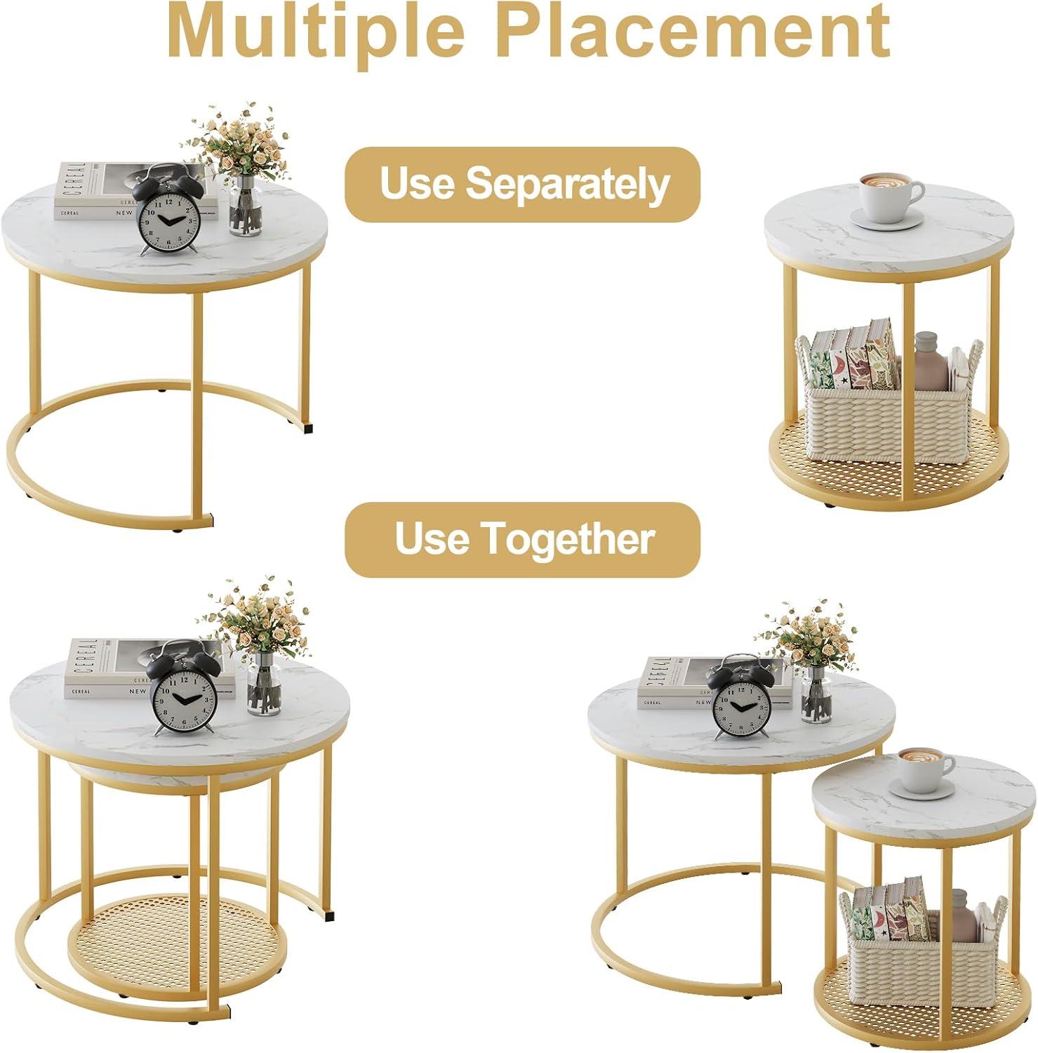 Runde Couchtische Set 2 Beistelltische Metallrahmen Marmoroptik 60 cm Gold