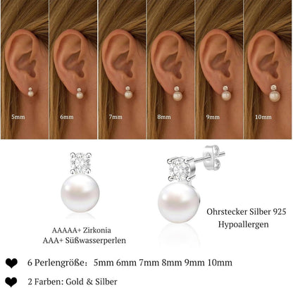 Perlen Ohrringe Silber 925 Damen Weiße Süßwasserperlen Ohrstecker Gold