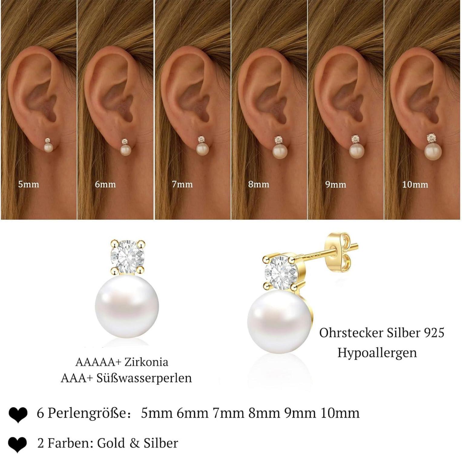 Perlen Ohrringe 925 Silber Damen Weiß Süßwasserperlen Stecker Gold