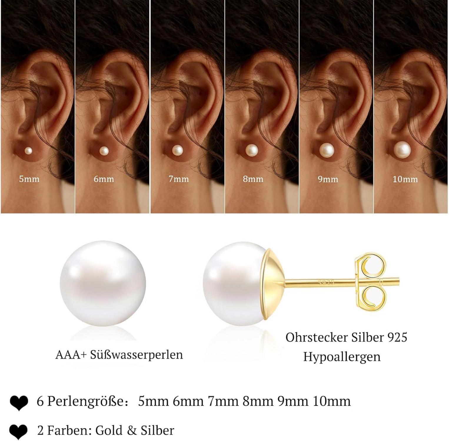 Perlen Ohrringe Damen 925 Silber Weiße Süßwasserperlen Ohrstecker Gold 6mm
